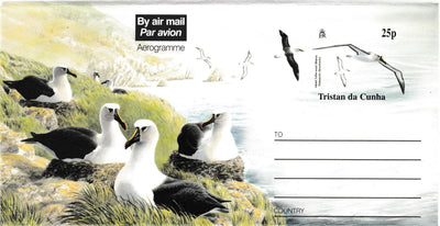 Aerogramme with Tristan da Cunha albatrosses and postage stamp design.